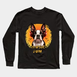 Boston Terrier dog listening to music with headphones Long Sleeve T-Shirt